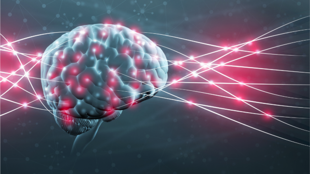 A digital illustration of a human brain with glowing neural connections and intersecting lines, representing neural activity and connectivity.