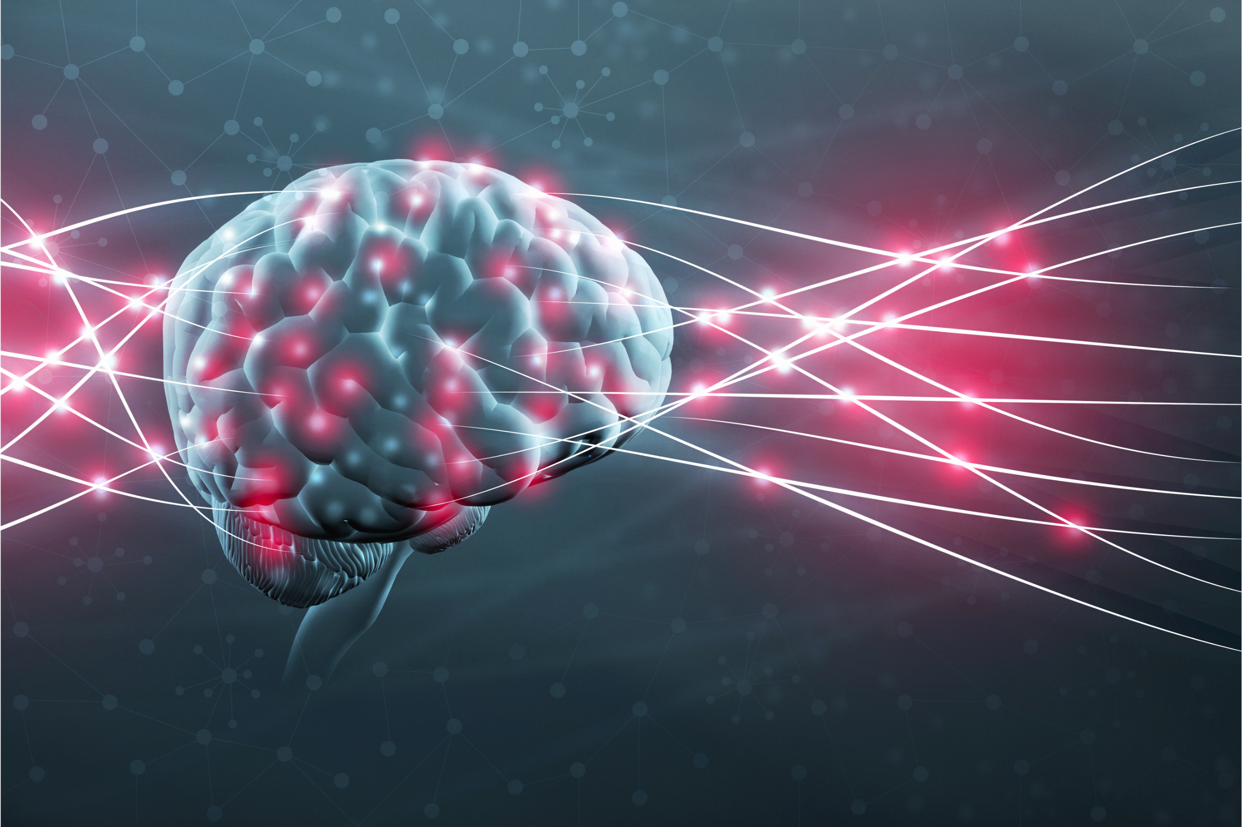 A digital illustration of a human brain with glowing neural connections and intersecting lines, representing neural activity and connectivity.