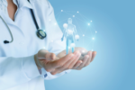 doctor with stethoscope and white coat holding an AI image of a patient in both hands