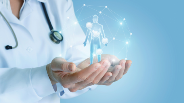 doctor with stethoscope and white coat holding an AI image of a patient in both hands