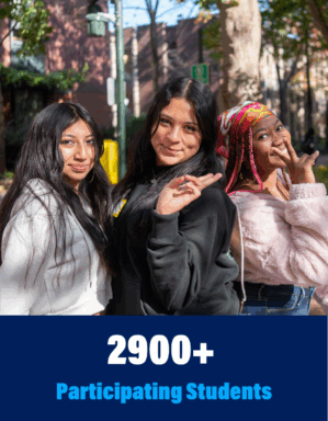 Three smiling students pose with peace signs outdoors. Text below reads, "2900+ Participating Students."