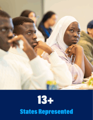 A group of individuals listening attentively, with a focus on one wearing a white headscarf. Text below reads, "13+ States Represented."