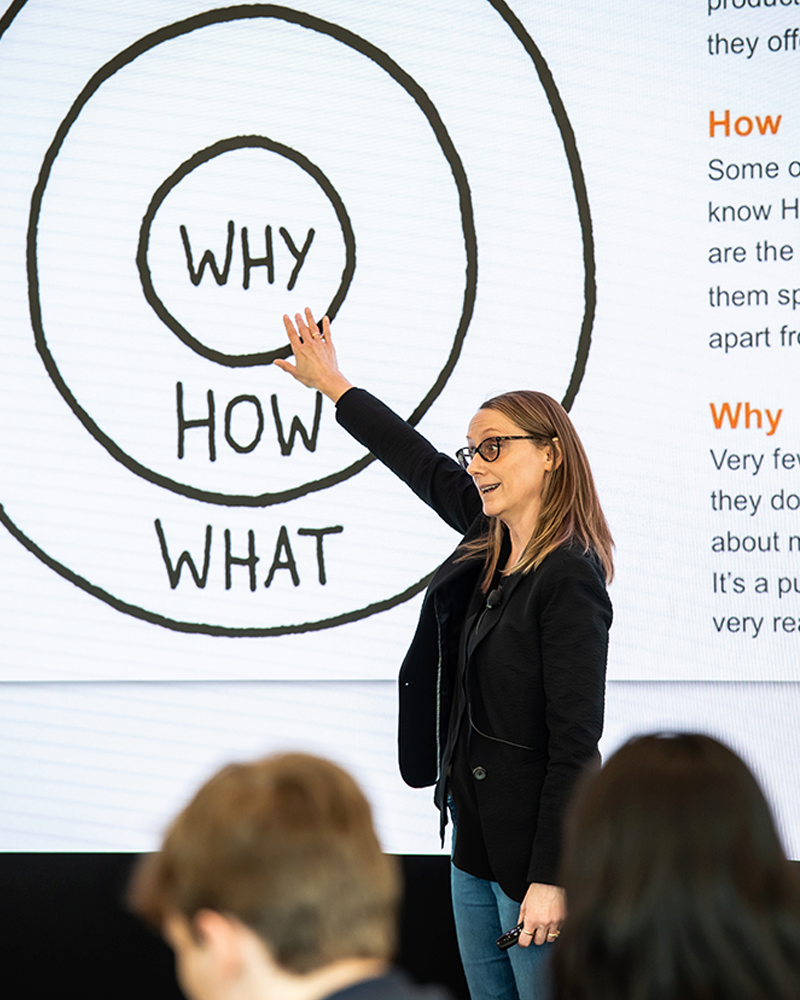 PW Good A person giving a presentation, pointing to a diagram with concentric circles labeled "Why," "How," and "What." Audience members are visible in the foreground.